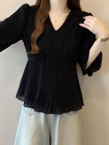 AIYITI | Slimming Waist Tying Black V-Neck Short Sleeve Blouse