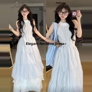 PEIZIXUAN | French Blue Halter Strap Summer New Elegant Beach Maxi Dress
