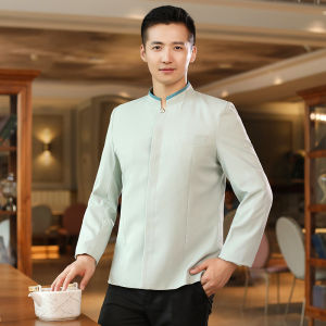 High-End Chinese Style Long Sleeve Service Uniforms for Women in Blue Polyester Fabric Suitable for Front Desk And Tea House