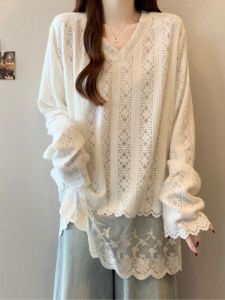 Stunning Lace Hem Base Shirt Womens plus Size Beautiful Unique Slimming Mid-Length T-Shirt Korean Style Long Sleeve V-Neck
