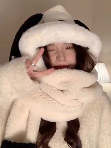 Mũ len lông cừu Mềm Mịn Cao Cấp Găng tay khăn quàng cổ tai thỏ mũ len tai mèo cute Giữ ấm 3 trong 1