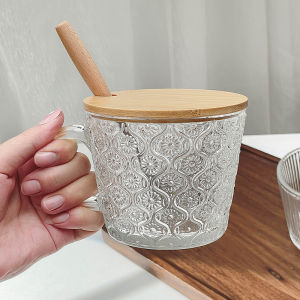 Minimalist Striped Glass with Handle Home Breakfast Oatmeal Cup Retro Embossed Begonia Milk Coffee Cup with Lid