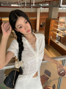 Slim Fit Short Sleeve Shirt Womens Summer White French Style Small Shirt Breathable Cotton V-neck Button up Casual Shirt