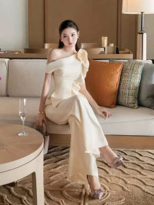 Elegant French Style 3D Floral Off-shoulder Top and Pants Set