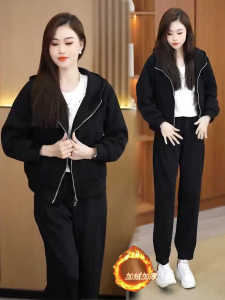 Fleece-lined Thickened Casual Suit Female Fall and Winter New Arrival Fashion Slim Looking Hooded Cardigan Sweater Ankle-Tied Sweatpants Two-piece Set