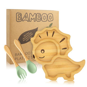 【SW】Baby Classic Bamboo Suction Plate children Wooden suction plate with Spoon and Fork Strong Suction (Strong Suction BPA Free)