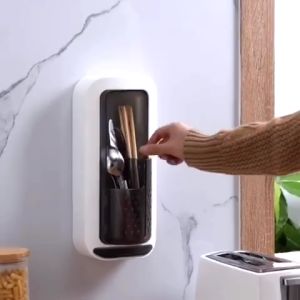 360 Rotatable Barrel Cage Punch-Free Wall Hanging Chopsticks Spoon and Fork Organizer with Cover Light Racks Toothbrush Hangable