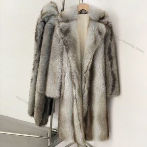 Women Long Faux Fur Coat Womens Artificial Fur Coat Long Fur Coat Notched Lapel Belted Faux Fur JacketThick Outerwear New