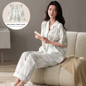 Miiow | Pure Cotton Summer Thin Short Sleeve Cat Person Sleepwear Set Womens Loose Home Clothes Three-piece Set Breathable Comfortable