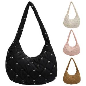 【HOT】Women Quilted Shoulder Bag Bow Pattern Puffer Tote Handbag Padded Armpit Bag Puffy Top Handle Bag Female Travel Bag