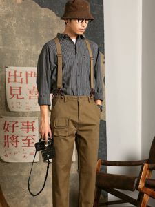 Retro American Style Mens Overalls Vintage Workwear Utility Pants Cotton Blend Comfortable Loose Fit Long Trousers