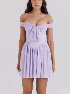 Dreamy Purple French Sweet Spicy Pure Desire Style One Shoulder Butterfly Knot Short Dress Ultra Beautiful Atmosphere Fairy Wind