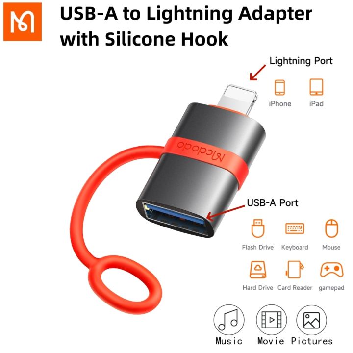 Mcdodo USB-A 2.0 to Lightning iPhone iPAD OTG Adapter with Silicone Hook 480Mbps High-Speed Transfer Plug and Play For iOS 13 and above iPhone 6 7 8 X 11 12 13 14 Pro Max Flash Drive Keyboard Mouse Hard Drive Card Reader gamepad