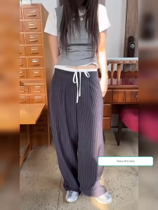 Quần ống rộng kẻ sọc culottes lưng thun sau dáng suông phối viền nơ trắng siêu cá tính - OR256