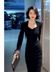 Elegant French Style Long Sleeve Black Dress Slimming Waist Design Autumn Winter High Waist A-Line Skirt Commute Fashion