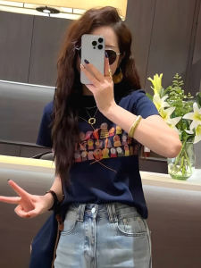 Summer Fashionable Retro American Cotton Short Sleeve T-Shirt Womens New Style Youthful Printed Straight Cut Top