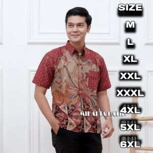 BATIK PRIA LENGAN PENDEK SIZE M L XL XXL XXXL 3XL XXXXL 4XL XXXXXL 5XL 6XL LD 120 130 140CM UKURAN STANDAR SAMPAI JUMBO BIGSIZE SUPER BESAR Motif Kecubung merah - lazza store