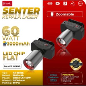Senter Kepala LED Zoom AK-3686K Cahaya Kuning AOKI Super Terang