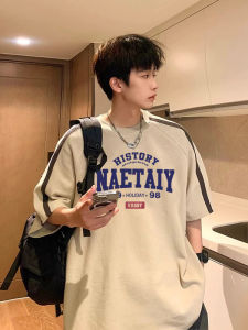 Heavyweight Cotton Short Sleeve T-Shirt Striped Shoulder Strap Loose Fit American Retro Mens Summer Half Sleeve Top