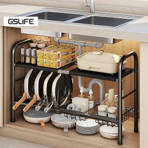 GSLIFE Rak Panci Dapur Stainless Steel Expandable Rak Serbaguna Rak Panci Wastafel Dapur Di Bawah