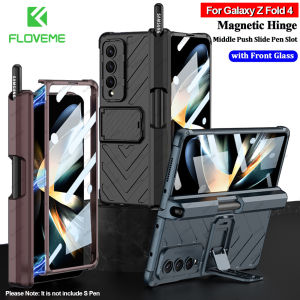 [With Screen Film] FLOVEME Magnetic Hinge Phone Case For Samsung Galaxy Z Fold 4 5G Middle Push Side Pen Slot Front Glass Film Stand Hard PC Back Cover For Galaxy Z Fold 4