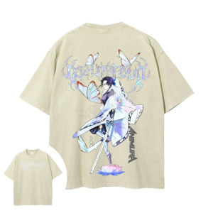 Bandai | Demon Slayer Mens and Womens Washed T-Shirt Shinobu Kocho Summer and Spring Anime Tee Retro Distressed Oversize Short Sleeve