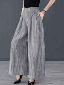 Spring Summer High Waist Wide Leg Pants Womens Retro Loose Fit Folded Hem Thin Cotton Linen Casual Trousers Long Pants