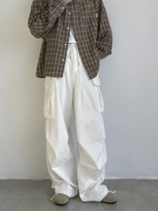 White Straight Leg Cotton Work Trousers Mens Loose Wide Leg Floor Length Pants Drapey Style Japanese High Street Versatile