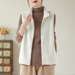 Retro Stand Collar Fleece Vest Loose Casual Shoulder Pad Womens Jacket Comfortable Breathable Zipper Closure Solid Color