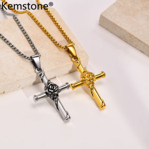 Kemstone Stainless Steel Cross Rose Flower Gold Silver Plated Male Pendant Necklace Jewelry Gift