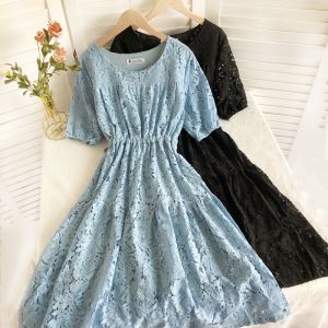 Váy Midi Chữ a Cổ Tròn Tay Ngắn Ren Thắt Eo Cạp Cao Váy Công Sở Phong Cách Hàn Quốc Mùa Thu 2021 Váy Nữ