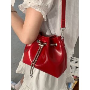 Summer Red Small Bucket Bag Womens Fashion Simple Stylish Underarm Bag Single Shoulder Bag British Style Soft PU Leather