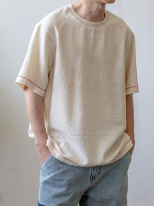 Elegant Embroidered Texture T-Shirt Simple Yet Storytelling Few Red Lines Washed Standard Fit Youthful Summer Casual round Neck Short Sleeve