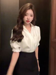 White Short Sleeve Shirt Womens Summer New Style 2025 High-End Feeling Personality Professional Formal Chiffon Top Trendy