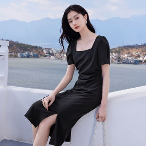 Sun Protection Little Black Dress French Style Womens Summer New Bubble Sleeve Square Collar Dress Elegant High Waist H-Line Skirt