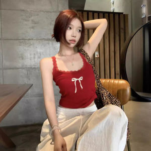 PM❀ 2025พิมพ์โบว์ สไตล์เกาหลี ติดตั้ง เสื้อผ้าถัก ลูกไม้เซ็กซี่ เรโทร เสื้อกล้ามเสื้อผู้หญิง