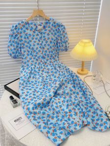 Váy midi PAIBOLI cho nữ vải dệt họa tiết hoa xanh kiểu cổ tròn có tay bồng ôm eo tôn dáng