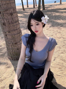 French Style V-Neck Blue Ice Silk Knitted Short Sleeve T-Shirt Women Summer Unique Slim Fit Short Length Top for Small Figures