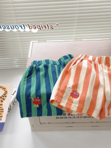 Summer Childrens Boys Short Pants Striped Five-Point Casual Thin Model Parent-Child Home Korean Style Silk Top Womens Wear