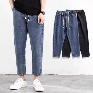 Fall 2022 Trendy Japanese Style Loose Elastic Waist Denim Nine-Tenths Casual Pants Mens American Retro Harajuku Workwear