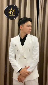 Bộ vest nam màu trắng 6 nút kèm gile tặng cà vạt và ghim cài