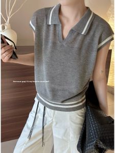 YUEZHONGWEI | Slim Fit Short Sleeve Knitted Polo Shirt Womens Summer Style Commute Grey Turn-down Collar T-shirt Korean Version Regular Size