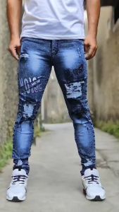 Celana Jeans Bordir Pria Clana Emblem Jins Sobek Celana Laki Laki Dewasa Panjang