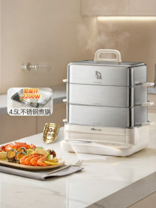 [China Plug Adapter Needed]Bear | Electric Steamer All-Stainless Steel 0-Coating Multi-Functional Steaming Boiling Stewing  Household Timer Breakfast Machine Stainless Steel