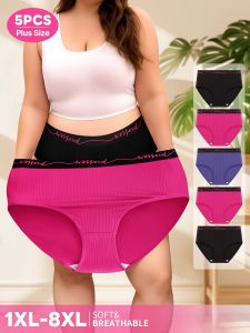Pack of 5 Plus-Size WomenS Underwear with a Mid-Rise Design Featuring a Lettered Waistband And Vertical Stripes.