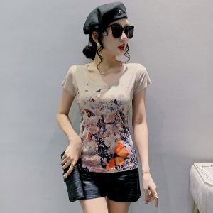 REHIN Womens top Summer new fashion unique print short-sleeved T-shirt cotton bottoming shirt S-3XL slim fit blouse