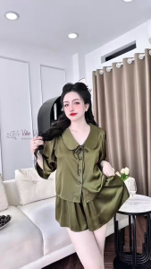Set Lụa latin Cổ Sen Áo Croptop Cúc Bọc tay lỡ Quần Đùi giả Váy Xòe có túi phom 45-65kg