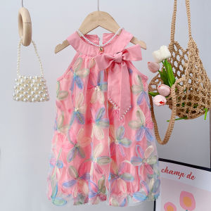 Bear Leader 2023 Summer New Sleeveless Hanging Neck Colorful Flower Mesh Party Dress Big Bow Princess Dresses 2-7 Years Baby Girls Clothing
