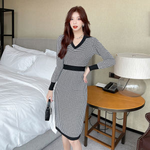 Missliu ฤดูใบไม้ร่วงและฤดูหนาวชุดเดรสแบบถักผู้หญิงลายสก๊อตแฟชั่นใหม่แขนยาวคอวีเนื้อเรียบหรูกระโปรงยาวปานกลางเอวเล็ก