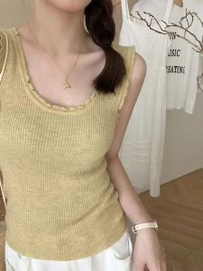 Korean Style Womens Knitted Slim Fit Vest Summer Outerwear U-Neck Lace Trim Base Layer Top Versatile Sweet Thin Strap Shirt